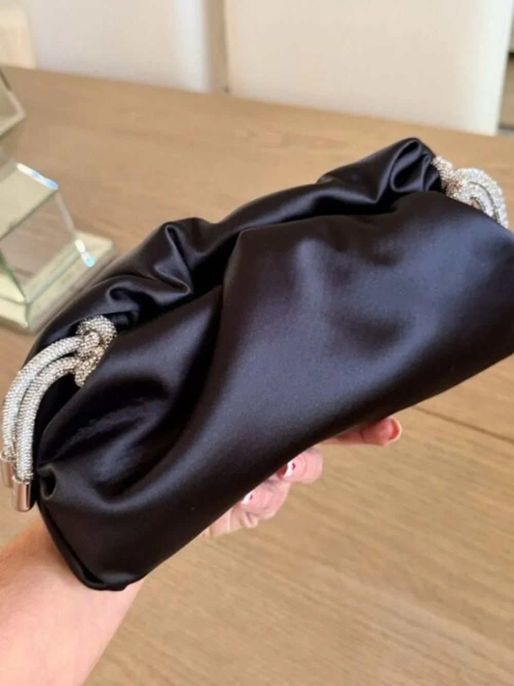 Rebecca Minkoff Tied Up Ruched Black Satin Crystal Clutch Shoulder Bag NWT